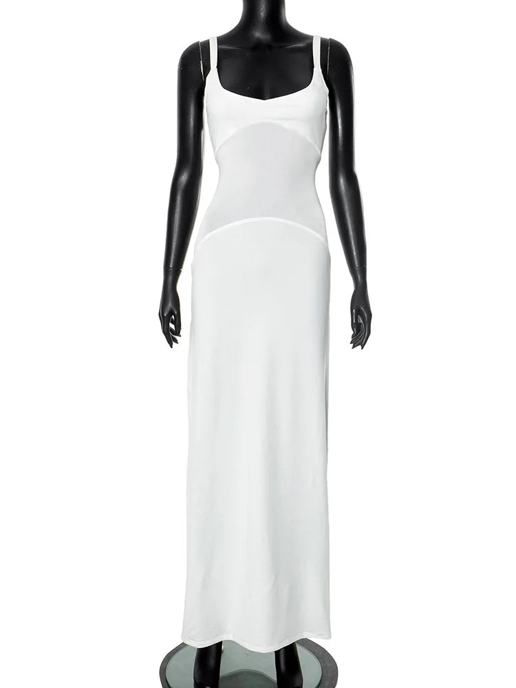 Mesh Patchwork Sexy Maxi Dress For Women Gown Spaghetti Strap Sleeveless Backless Bodycon Elegant Club Long Dress