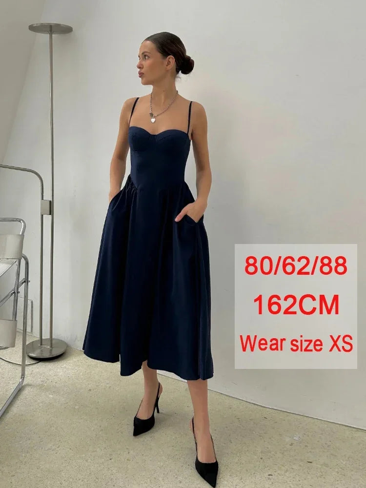 Elegant Spaghetti Strap Midi Dress Slim A Line Party Dresses Navy Blue Casual Birthday Holiday Dress Women's clothing