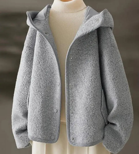Autumn Winter Women Grey Short Jacket Korean Fashion Long Sleeve Single Breasted Hooded Coat Loose Casual Holiday Tops Clothing