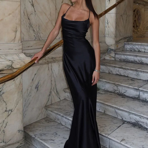 Load image into Gallery viewer, Spaghetti Strap Backless Sexy Maxi Dress Women Gown Black Satin Slipdress Sleeveless High Waist Club Party Long Dress
