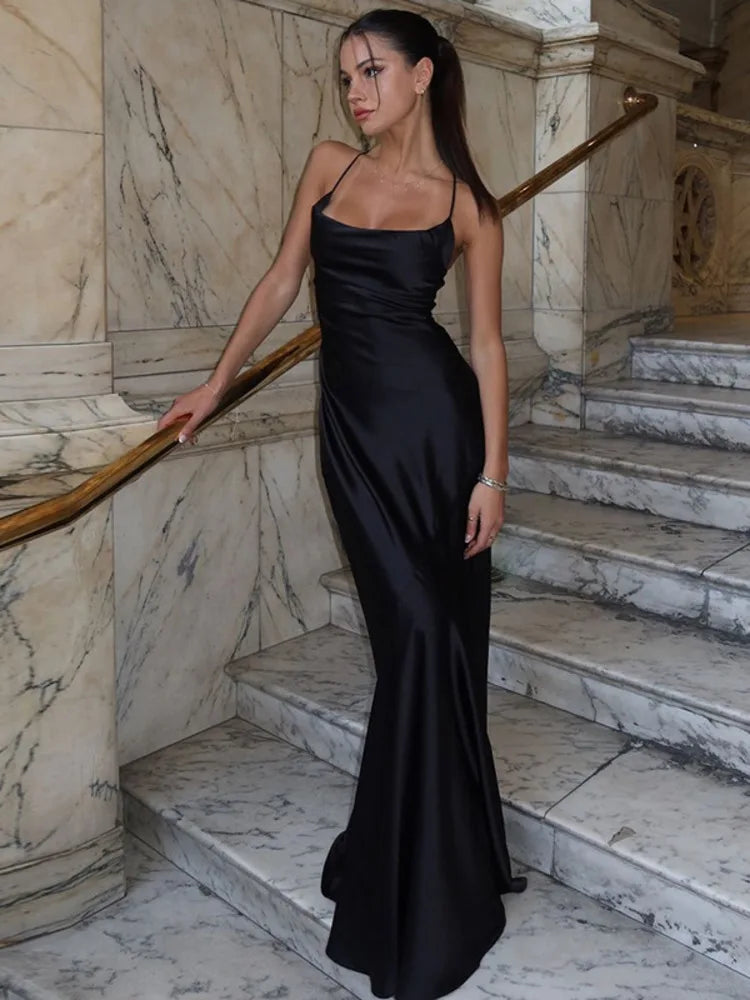 Spaghetti Strap Backless Sexy Maxi Dress Women Gown Black Satin Slipdress Sleeveless High Waist Club Party Long Dress
