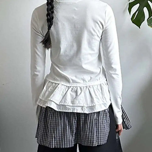 Load image into Gallery viewer, Women Black Ruffles Hem Color-block Slim Elegant T-shirt New Round Neck Long Sleeve Fashion Spring Autumn 2025 1DJ0095
