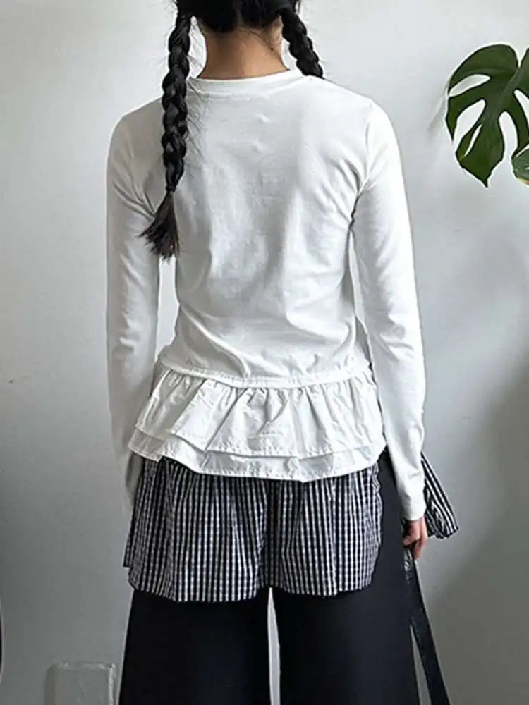 Women Black Ruffles Hem Color-block Slim Elegant T-shirt New Round Neck Long Sleeve Fashion Spring Autumn 2025 1DJ0095