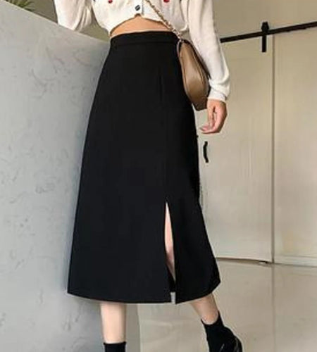Black Skirts Women Mid-calf College A-line High Waist Korean Style OL All-match Friends  Streetwear Chic Female Bottom