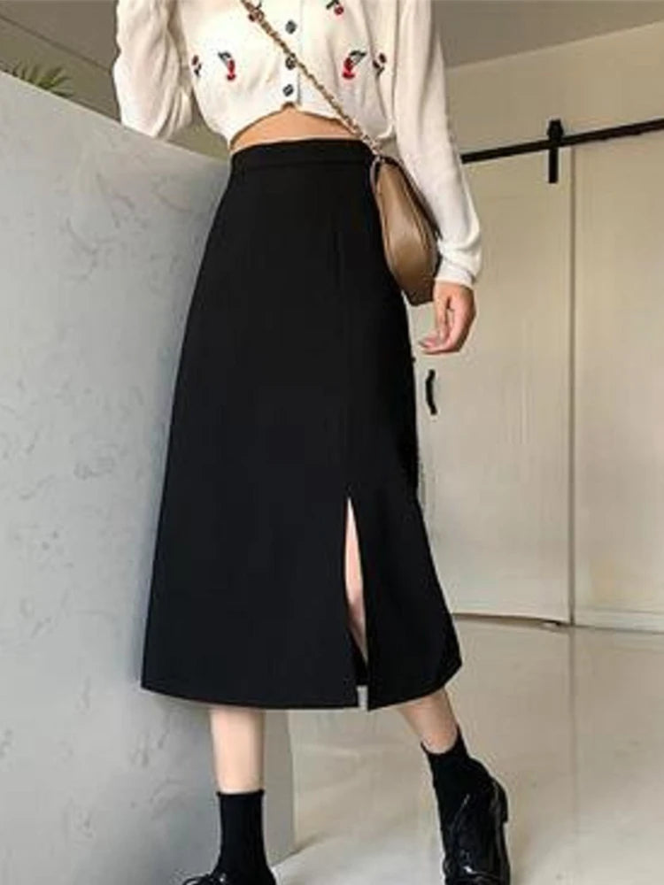 Black Skirts Women Mid-calf College A-line High Waist Korean Style OL All-match Friends  Streetwear Chic Female Bottom