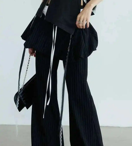 High Waist Balck Striped Bandage Shaped Long Wide Leg Pants New Trousers Women Fashion Tide Spring Autumn 2025 1DH7080