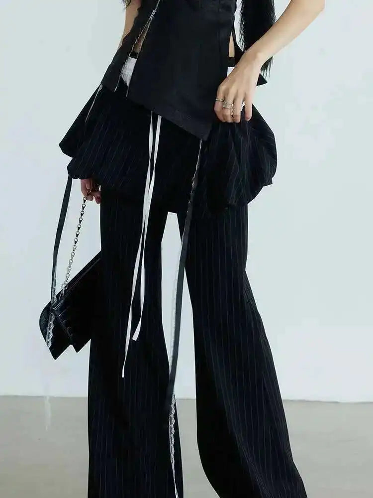 High Waist Balck Striped Bandage Shaped Long Wide Leg Pants New Trousers Women Fashion Tide Spring Autumn 2025 1DH7080