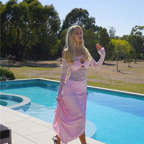 Load image into Gallery viewer, Lace Hollow Out Sexy Maxi Dress Women Gown Off-shoulder Strapless Long Sleeve Backless Split Pleated Long Dress
