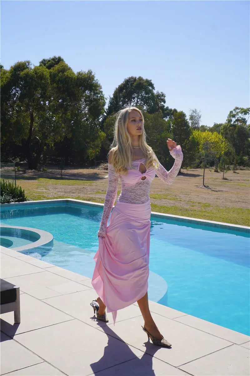 Lace Hollow Out Sexy Maxi Dress Women Gown Off-shoulder Strapless Long Sleeve Backless Split Pleated Long Dress