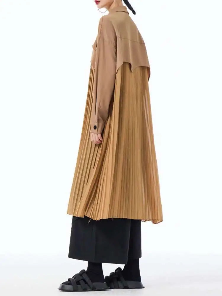 Women Army Green Pleated Spliced Big Size Midi Shirt Dress New Lapel Long Sleeve Fashion Tide Spring Autumn 2025 1DH6927