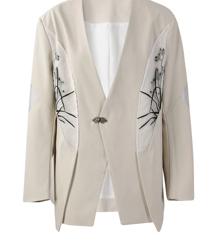 Women Beige Embroidery Big Size Elegant Blazer New V-neck Long Sleeve Jacket Fashion Tide Spring Autumn 2025 CPG2975