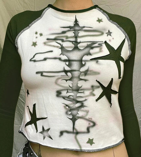 Harajuku Tie Dye Star Printed Y2K Vintage Autumn Tee Shirts Bodycon Stitch Patchwork Casual Female T shirt Top Kawaii