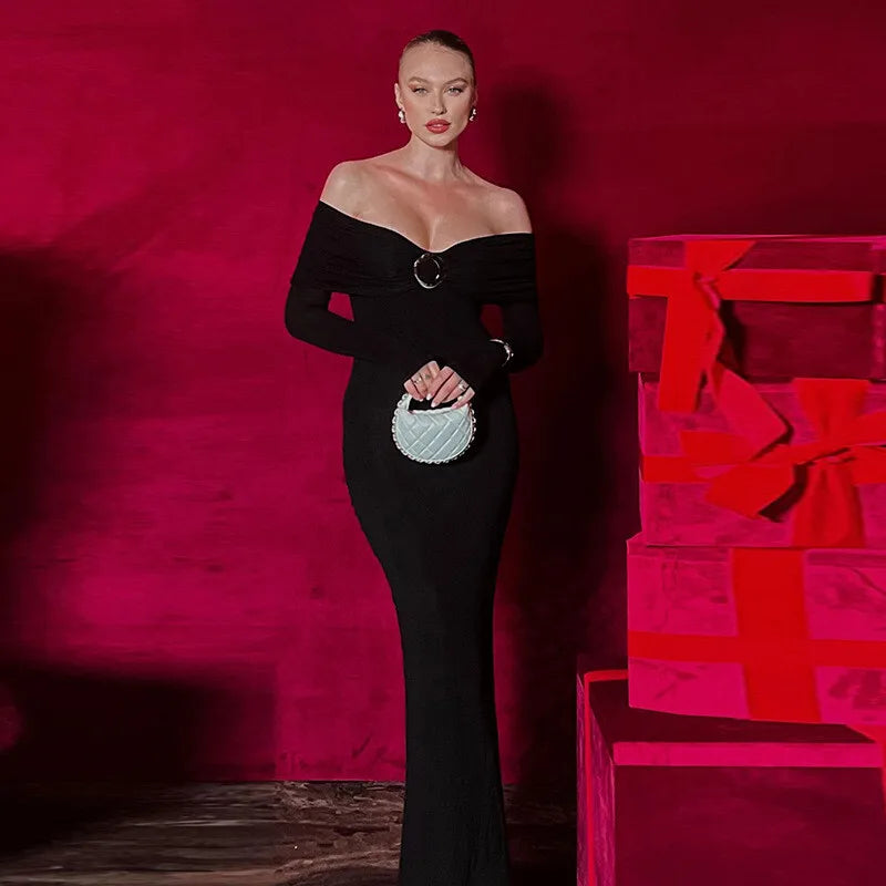 Off-shoulder Long Sleeve Sexy Maxi Dress For Women Autumn New Strapless Backless Bodycon Elegant Club Party Long Dress