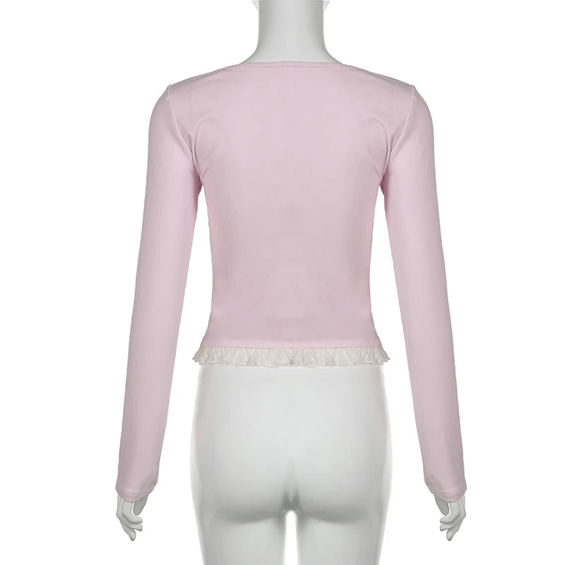 Hotsweet Pink Slim Spring T-shirt Female Lace Patched Bow Korean Top Shirts Ruched Coquette Clothes Tee Contrast Cute