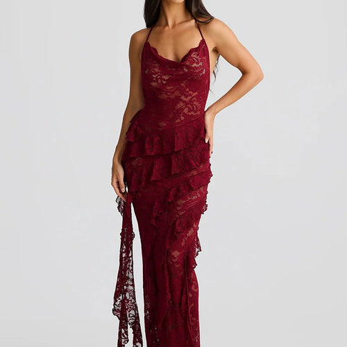 Load image into Gallery viewer, Lace Backless Sexy Maxi Dress Women Gown Halter Lace-up Sleeveless Bodycon Elegant Ruffle Beach Club Long Dress 2025
