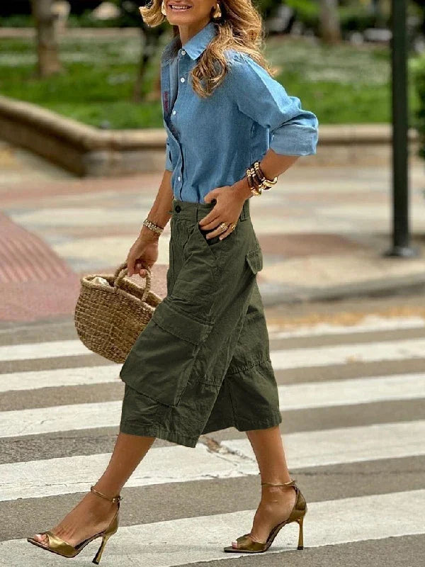 Summer Woman Wide Leg Capris Pants with Pockets New Trendy Split-joint Buttoned Loose Cropped Cargo Pants Female