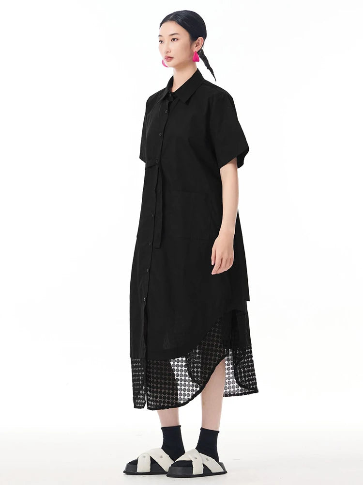 Women Blue Mesh Color-block Big Size Midi Shirt Dress New Lapel Short Sleeve Fashion Tide Spring Summer 2025 1DJ0932