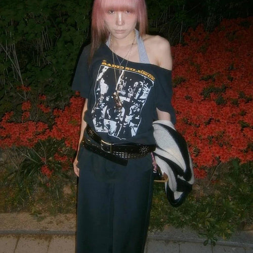 Load image into Gallery viewer, Print Rough Edges t-Shirt Women Slanted Shoulders Skinny Street Simple Classic Summer Trend Leisure Sexy Loose Daily Tops
