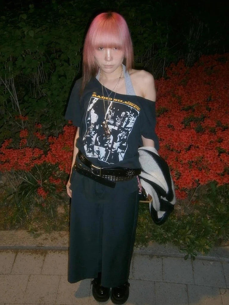 Print Rough Edges t-Shirt Women Slanted Shoulders Skinny Street Simple Classic Summer Trend Leisure Sexy Loose Daily Tops