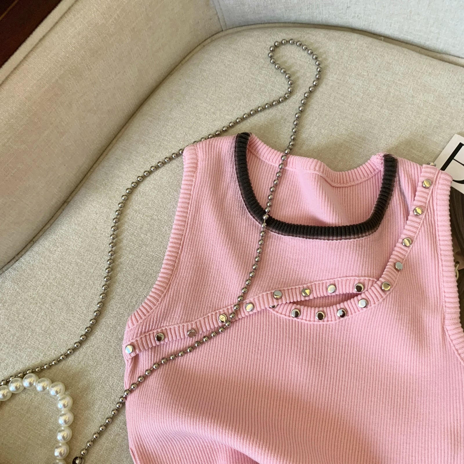 Korean Blue Pink Patchwork Hollow Out Slim Short Knitted Vest Summer Women Round Neck Sleeveless Holiday Pullover Tops 2025 Chic