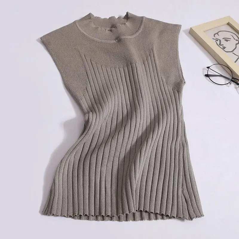 Korean Women Solid Striped Round Neck Knitted Vest 2024 Summer Sleeveless Basic Pullover Tank Tops Versatile Streetwear clothes