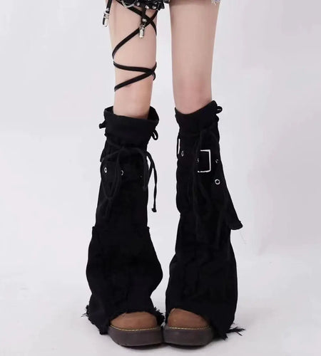 Harajuku Bandage Leg Warmers Denim Black Cross Patchwork Acubi Fashion Women Gaiter Girl Long Boots Cover Warm Knee-high Socks