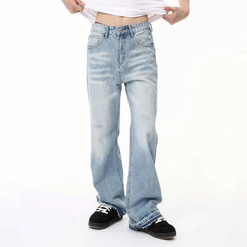 American Style New Men's Denim Pants Casual Washing Straight Zipper Menwear Wide Leg Male Trousers Summer Simple 9C6502