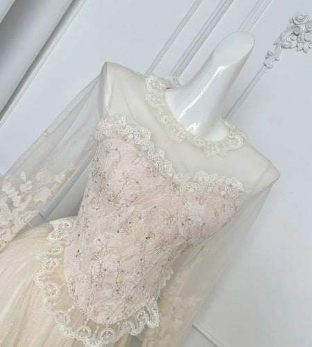 Autumn Vintage Fairy Two-piece Suit Women's Beige Mesh Patchwork Lace Elegant Ruffles Short Tops And High Waist Long Skirt Trend