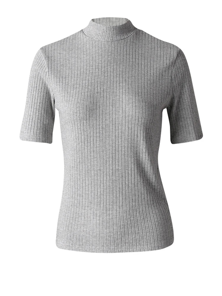 Women Black Gray Knitting Brief Slim Elegant T-shirt New Turtleneck Short Sleeve Fashion Tide Spring Summer 2025 CPG3078