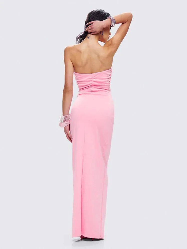 Rose Strapless Sexy Maxi Dress Women Pink Gown Off-shoulder V Neck Backless Sleeveless Bodycon Beach Club Long Dress