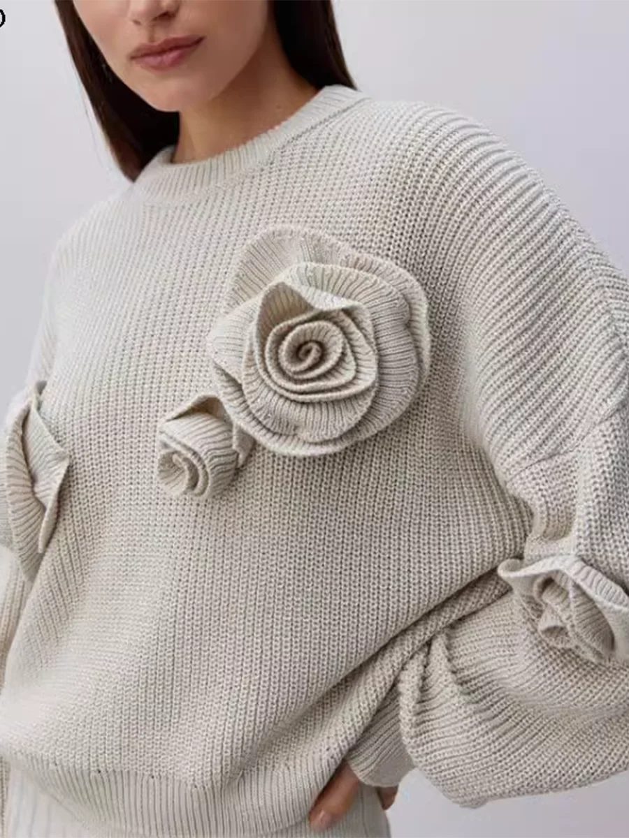 Solid Patchwork Appliques Knitted Sweaters For Women Round Neck Long Sleeve Chic Loose Pullover Sweater Female New