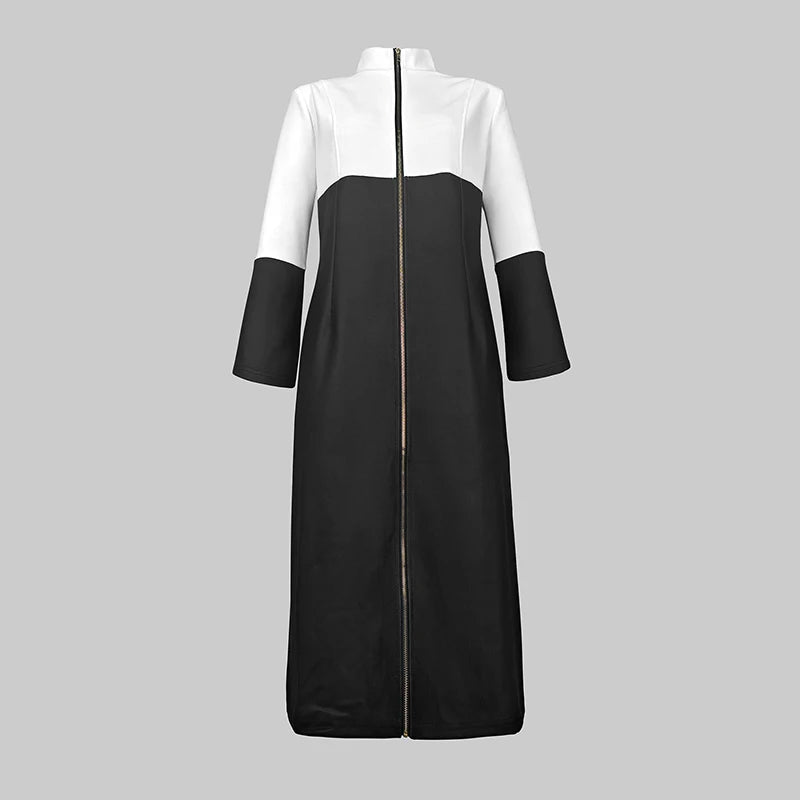 Women's Bodycon Dresses 2024 Autumn Winter Contrast Color V-neck with Zipper Long Sleeves Formal Occasion Dresses