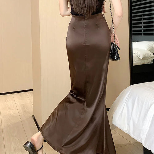 Load image into Gallery viewer, Black Office Pleated Fishtail Long Skirts Spring Summer Women 2024 Korean Version Brown High Waist Elegant Wrap Hip Skirt Ladies
