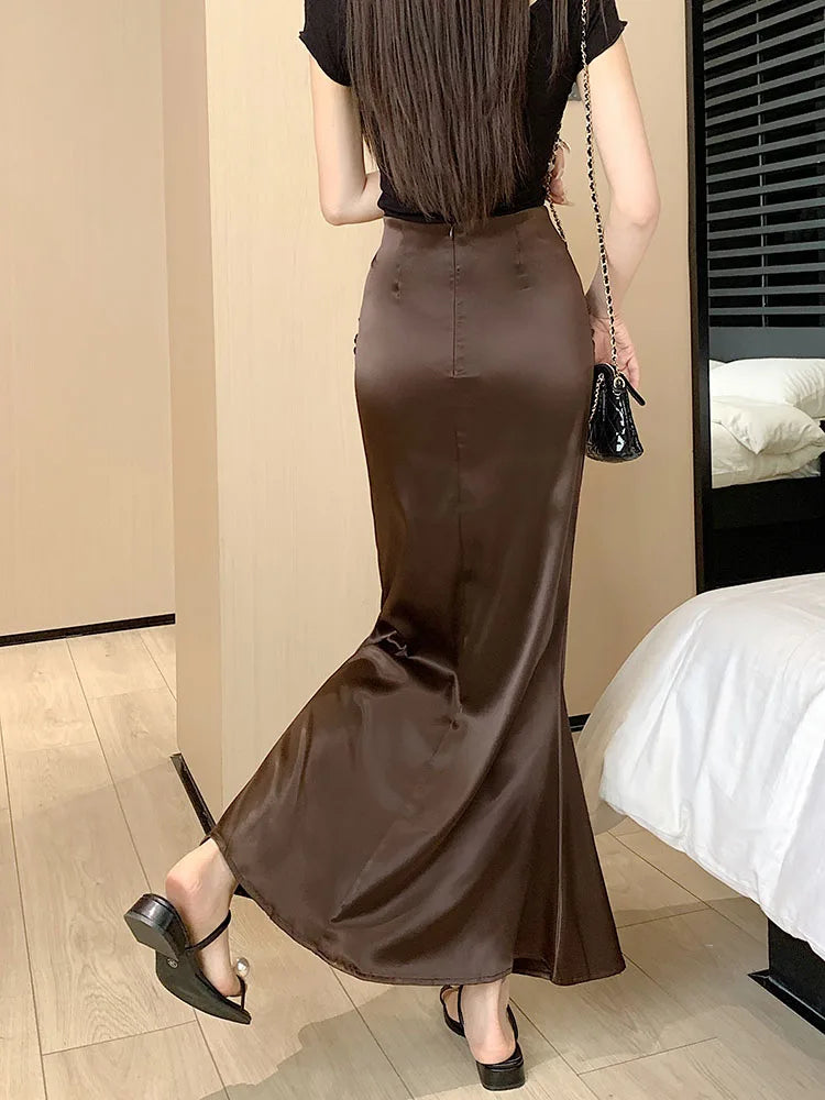 Black Office Pleated Fishtail Long Skirts Spring Summer Women 2024 Korean Version Brown High Waist Elegant Wrap Hip Skirt Ladies