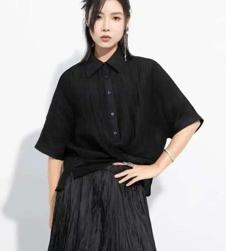 Women Black Pleated Cross Big Size Short Blouse New Lapel Half Sleeve Shirt Fashion Tide Spring Autumn 2025 1DH6145