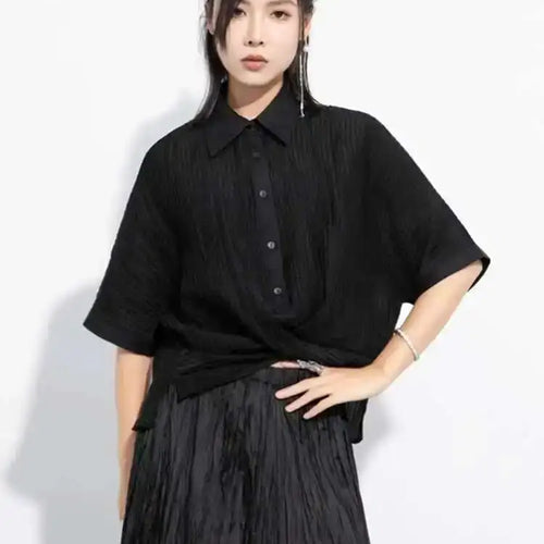 Load image into Gallery viewer, Women Black Pleated Cross Big Size Short Blouse New Lapel Half Sleeve Shirt Fashion Tide Spring Autumn 2025 1DH6145
