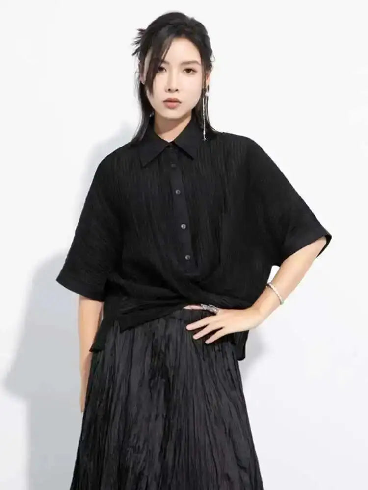 Women Black Pleated Cross Big Size Short Blouse New Lapel Half Sleeve Shirt Fashion Tide Spring Autumn 2025 1DH6145