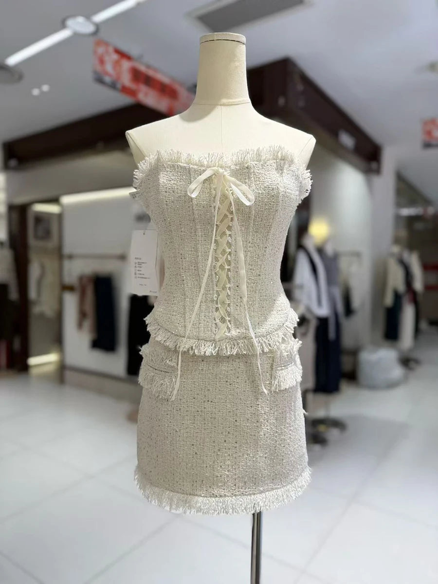 Elegant Spliced Tassels Two Piece Sets for Women Strapless Sleeveless Patchwork Lace Up Vest Mini Skirt Set Female