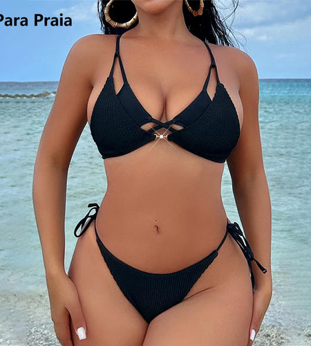 Black Halter Bikini Set 2025 Cut Out Brazilian Female Swimsuit Women Swimwear Bandage Bather Bathing Suit