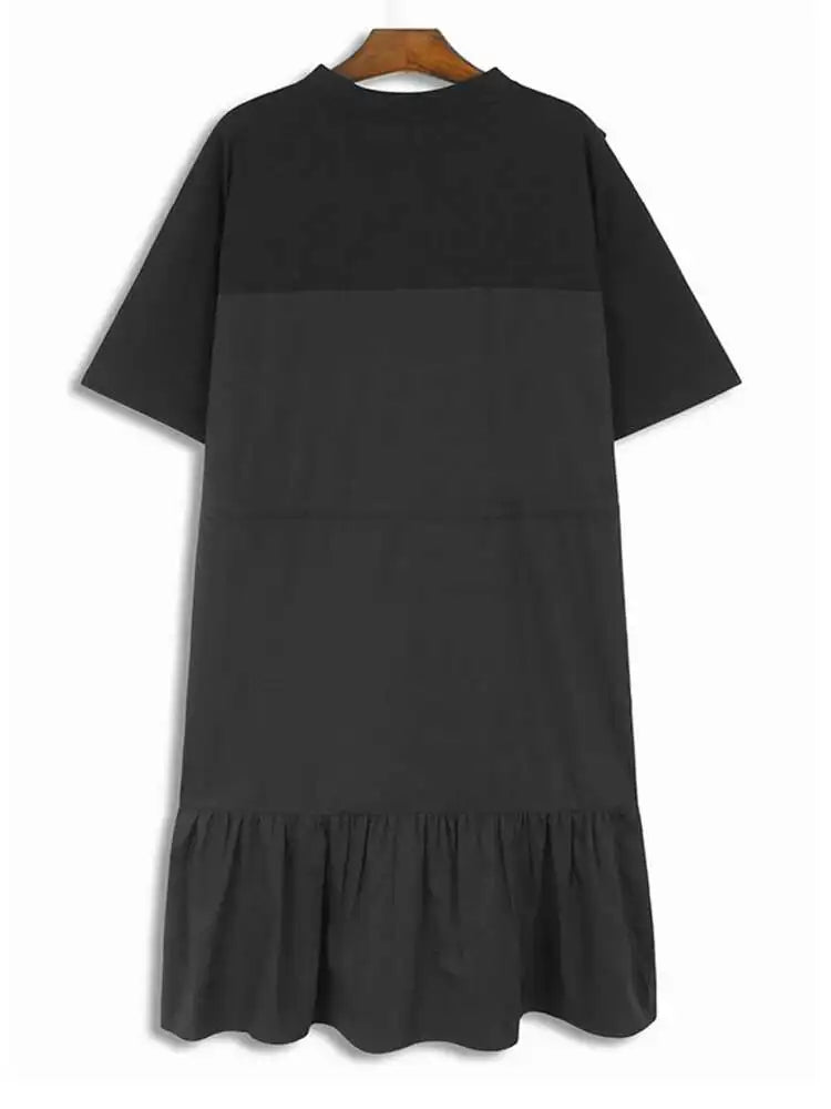 Women Khaki Color-block Pleated Big Size Midi Dress New Round Neck Short Sleeve Fashion Tide Spring Summer 2025 1DH5680