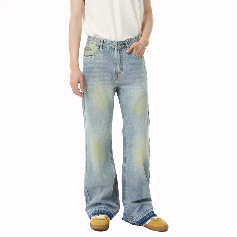 High Street Men's Jeans New American Style Vintage Tie Dye Design Micro Flared Male Washed Denim Jeans Summer 9W1841