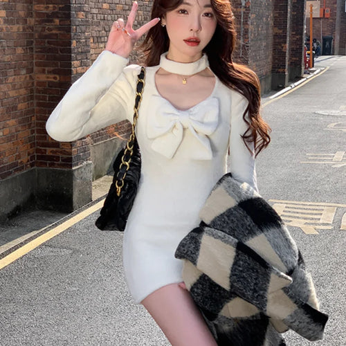 Load image into Gallery viewer, Knit Knitted Bodycon Dress Autumn Winter Sexy Wrap Slim Long Sleeve Mini Short Dresses Women Bow Outfits Female
