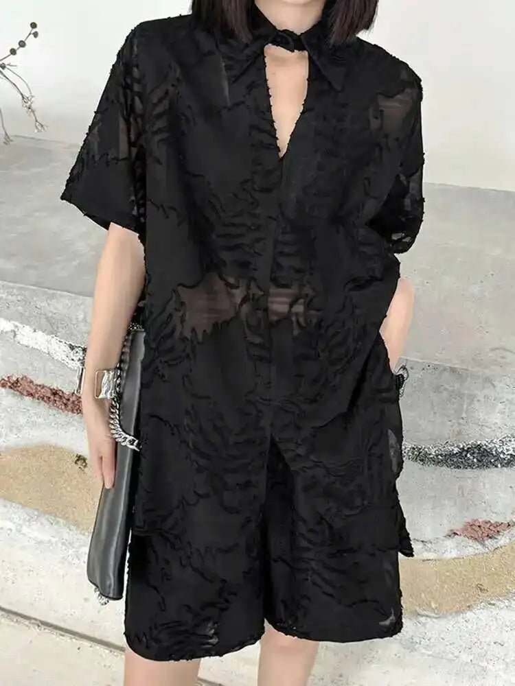 Black Jacquard Shirt Wide Leg Shorts Two Piece Suit New Lapel Short Sleeve Women Fashion Tide Spring Summer 2025 1DH5817
