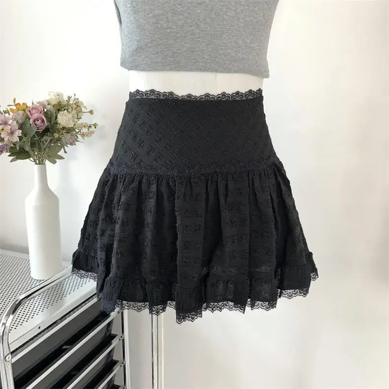 White Elegant High Waist Lace Mini Cake Skirt For Women Girl Kawaii Fairy Short Skirt Spring Summer Korean Fashion Clothing Chic
