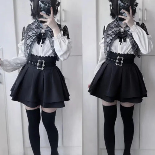 Load image into Gallery viewer, Japanese Kawaii Lolita Shirt Women Y2k Aesthetic Lace Patchwork Bandage Blouse Harajuku Sweet Cute Ruffle Bow Tops Blusas Cute
