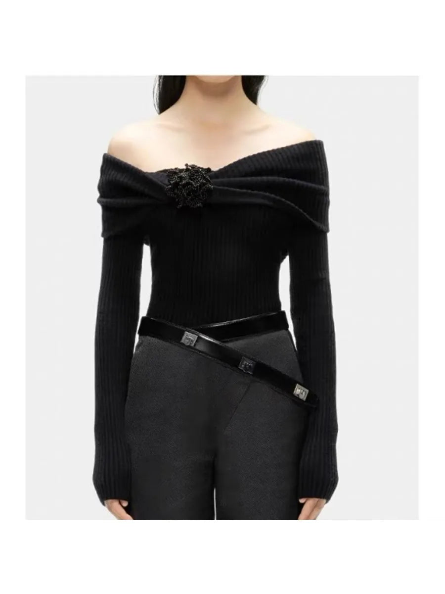 Solid Minimalist Slimming Sweaters for Women Slash Neck Long Sleeve Temperament Pullovers Female Fashion