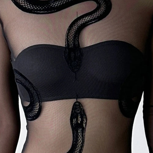 Load image into Gallery viewer, Summer Y2k Aesthetic Gauze Embroidery Snake Jumpsuits Streetwear Vintage Sexy Tshirts Women Grunge Half High Collar T-shirs
