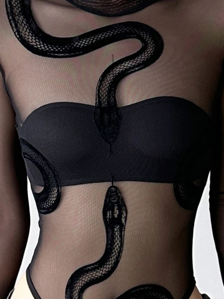 Summer Y2k Aesthetic Gauze Embroidery Snake Jumpsuits Streetwear Vintage Sexy Tshirts Women Grunge Half High Collar T-shirs