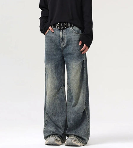 American Men's Baggy Fashion Wide Leg Jeans Summer Make Old Design Male Denim Pants Streetwear Summer Trend 9W1555