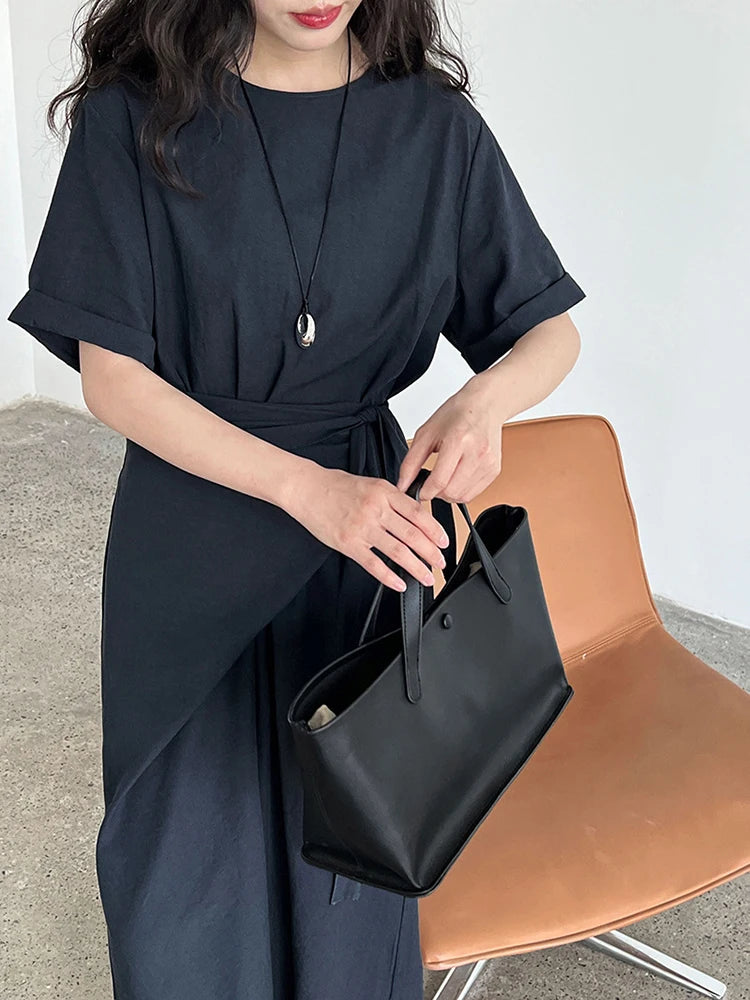 Women Navy Blue Cross Bandage Big Size Elegant Midi Dress New Round Neck Short Sleeve Fashion Spring Summer 2025 1DJ1359